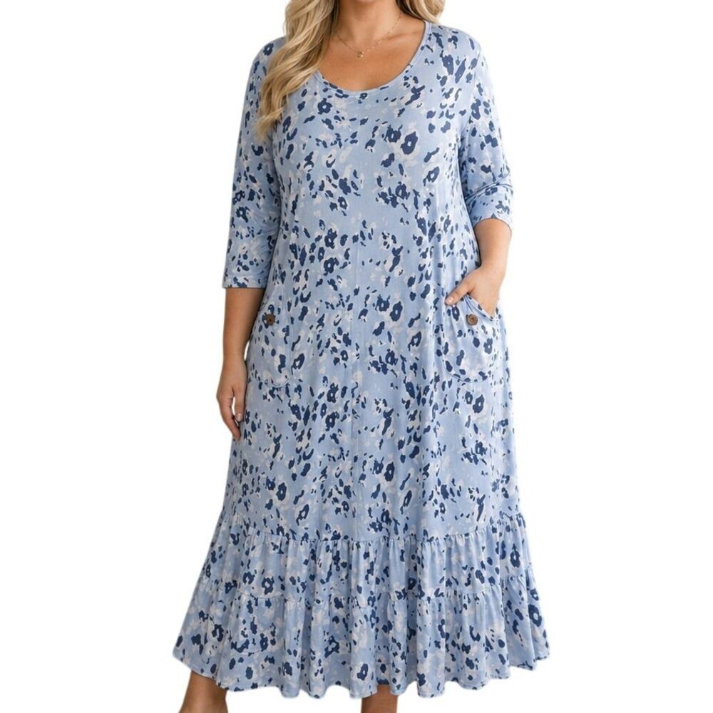 Celeste Sun Shirt Dress Womens 4X Blue Leopard Pockets Ruffle Bottom Summer